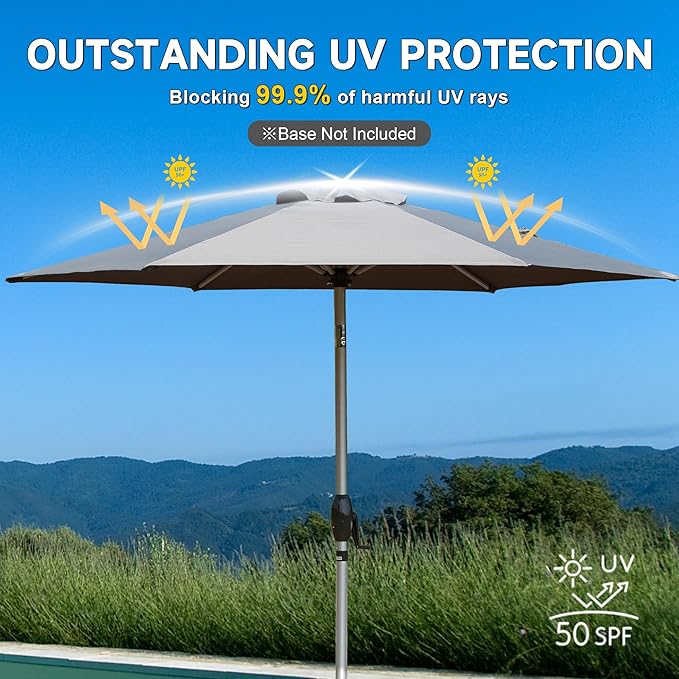 Domi 7.5FT Patio Umbrella Outdoor Market Umbrella with Silver Aluminum Pole, UV Resistant Canopy, Wind Vent, Tilt & Crank System, Perfect for Patio, Garden, Deck, Pool, Outdoor Dining, Gray