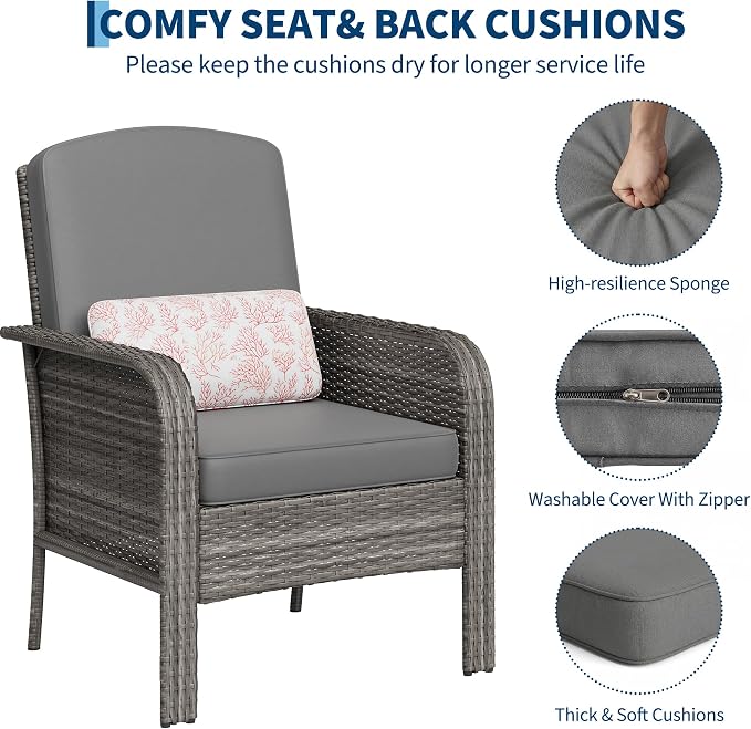 GarveeHome 2-Piece Outdoor Patio Furniture Set, All-Weather Rattan Chairs with Thick Cushions, High Back Wicker Lounge Chairs for Porch, Deck, Garden, Poolside & Backyard (Grey Rattan, Grey Cushion)