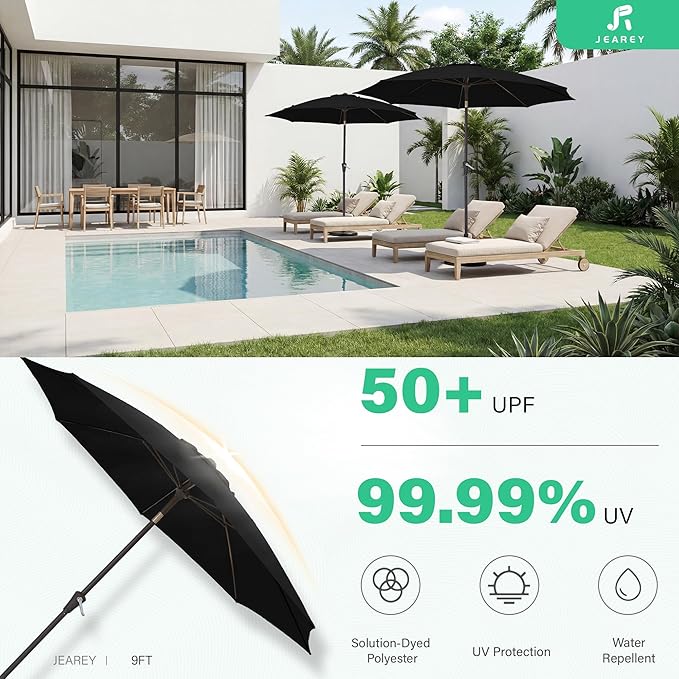 JEAREY 9FT Outdoor Patio Umbrella,Market Table Umbrella with 8 Fiberglass Ribs, Pool Umbrella with Tilt and Crank, UV Protection Lightweight & Wind-Resistant for Lawn, Garden, Deck and Backyard, Black
