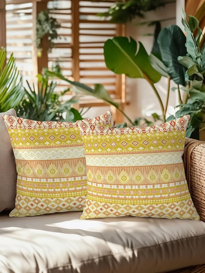 Waterproof Outdoor Pillow Set of 2 Yellow Bohemian Decorative Throw Pillows Cover & Insert 18x18 Inch Pillowcase Boho Style Floral Leaves Geometric Pillows for Couch Sofa Bed Patio Furniture