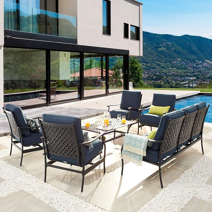 Patio Conversation Set Cushioned Outdoor Furniture Seating Sets with All Weather Galvanized Steel Frame (6 Pieces, Blue)