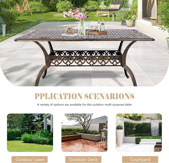 TITIMO 7-Piece Cast Aluminum Patio Furniture Set, Outdoor Patio Dining Set Bistro Conversation Set, All-Weather Rectangular Table w/Umbrella Hole (Bronze-Fixed Elizabeth Chair, 7 Pcs)