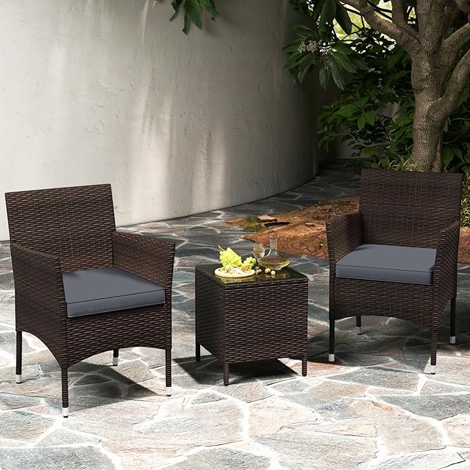 RELAX4LIFE 3-Piece Patio Furniture Set - Rattan Wicker Outdoor Conversation Set w/Cushions & Glass Coffee Table, Balcony Furniture for Porch Garden Backyard, Bistro Table and Chairs Set of 2 (Grey)