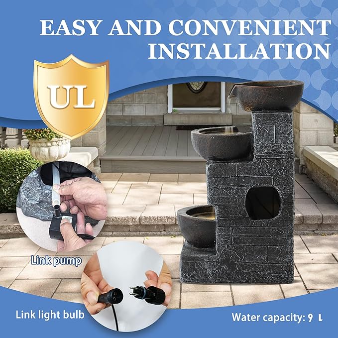 Outdoor Water Fountains with Cascading Bowls, 4-Tiers Fountains and Waterfalls w/LED Lights,Indoor Morden Floor Standing Resin Water Feature for Garden Patio Backyard Home Decor (Grey & Brown)