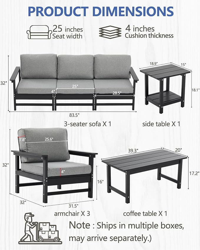 HDPE Outdoor Patio Furniture Set, 8-Piece Sofa Set with 3-Seat Couch, 3 Armchairs,Side Table & Coffee Table, Weatherproof Conversation Set with Cushions,for Garden, Porch & Backyard