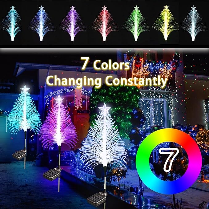 3Pack 30inch Solar Christmas Tree Light Outdoor Waterproof Festival Decorations, 7 Color RGB Pathway Garden Stake Lights for Yard Lawn Porch Grave Cemetery Holiday Decor (Tangle-Free Installation)