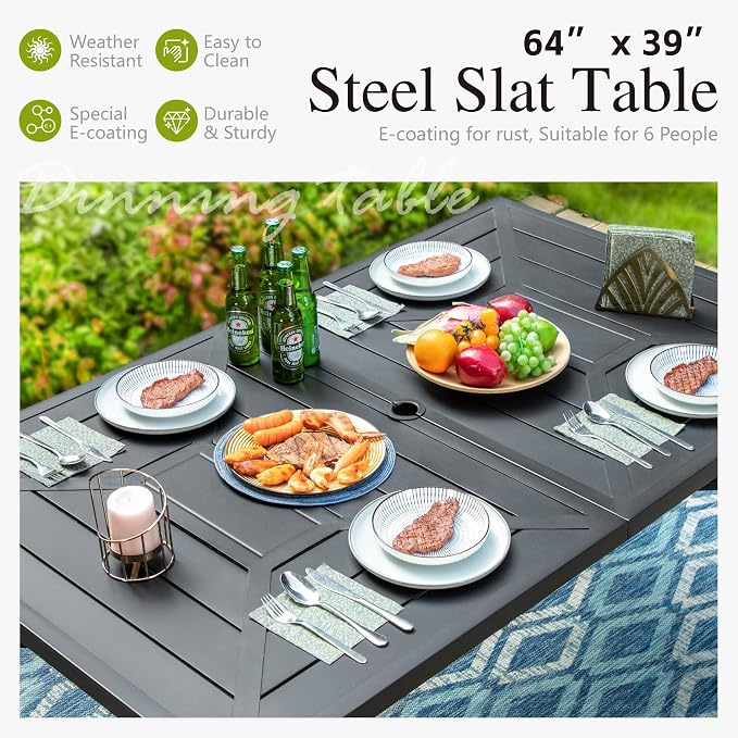 Sophia & William Patio Dining Set 7 Pieces, 6 x Swivel Patio Dining Chairs Qucik Dry, Large 64" Metal Dining Table, for Patio Garden Backyard Support 300lbs
