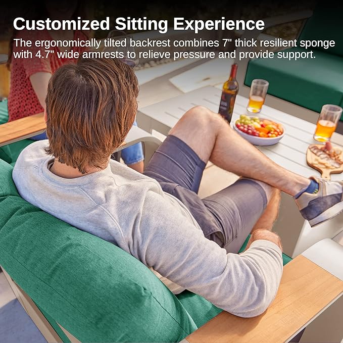 EAST OAK Signature 4 Pieces Patio Furniture Set, Aluminum Outdoor Furniture with Teak Wood Armrest, Sofa and Coffee Table Patio Set, Modern Patio Conversation Set for Porch, Champagne Gold & Green