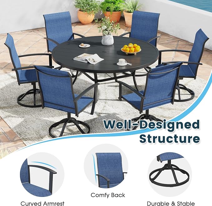 9 Pieces Outdoor Patio Dining Table Set, 60" All Weather Round Metal Table with Umbrella Hole and 8 High Back Textilene Swivel Chairs for Garden, Lawn, Poolside, Black Table & Blue Chairs
