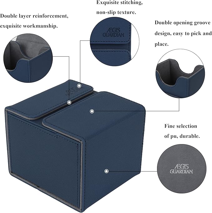 AEGIS GUARDIAN Card Deck Box with Dice Tray for MTG Cards, Commander Deck Box fit 150+ Sleeved Cards, PU Leather Card Storage Box Strong Magnet Deck Game Case for TCG CCG, Blue