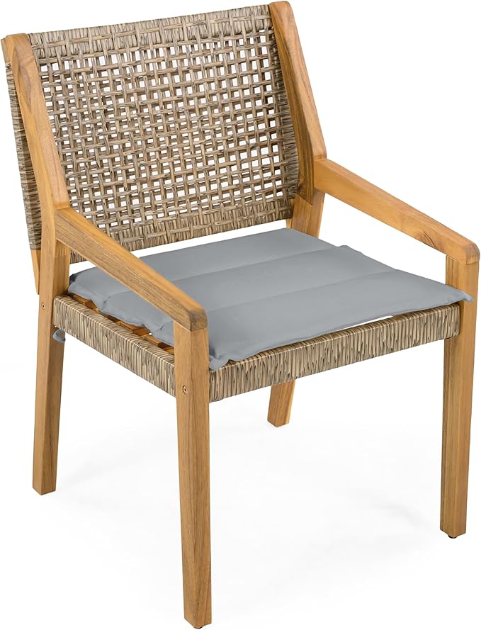 Christopher Knight Home Verle Wooden Patio Dining Set for 4, Acacia Wood Outdoor Dining Table Set for 4, 5 Piece Outdoor Dining Set with Round Table and Armchair with Seat Cushion, Teak+Grey