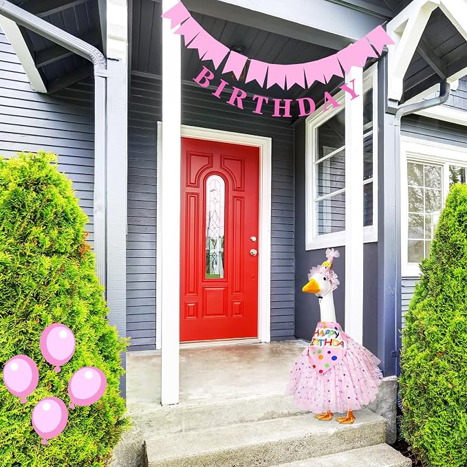 3 Pcs Porch Goose Birthday Outfit Girl Cement Goose Clothes,Pink | 23 Inch Porch Goose Outfits Happy Birthday, Porch Goose Outfits Princess, Happy Birthday Hat and Tutu Skirt Bandana
