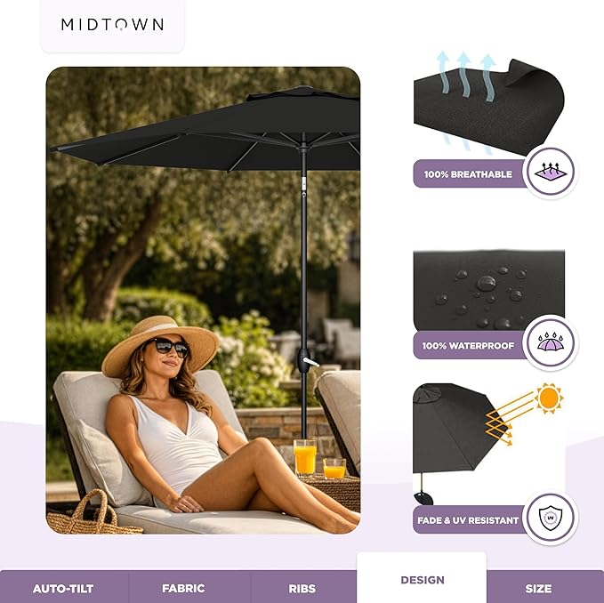 Midtown Umbrellas - The Lean 10 Ft Patio Umbrella with Fade-Resistant Sunbrella Fabric, Auto-Tilt Aluminum Frame and 8 Reinforced Ribs for Deck, Pool & Garden - Black Canopy, Black Pole
