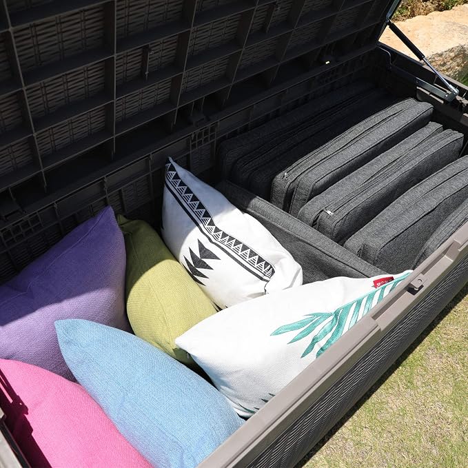 Modern-Depo 100 Gallon Deck Box Waterproof Outdoor Storage Bench | Polypropylene PP Pool Towel Storage Bin Porch Delivery Box with Seat Cushion, Gray