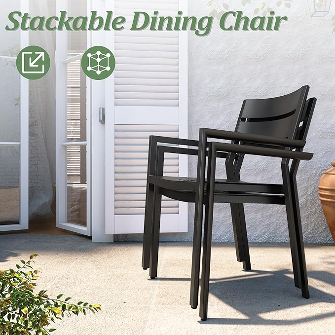 Pellebant 7-Piece Aluminum Outdoor Dining Set for 6, Stackable Contoured Seat Armrest Chairs with 17.3" Depth, Expandable Patio Table – Weather-Resistant Furniture for Deck, Porch & Backyard
