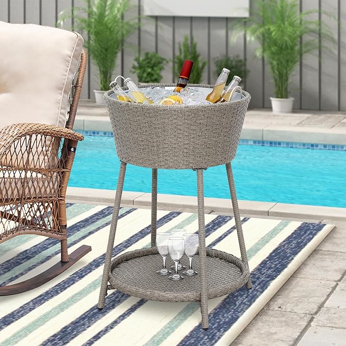 ABBLE Wicker Patio Ice Cooler Table Cool Bar Outdoor Patio Furniture Side Table with Beer and Wine Cooler Grey