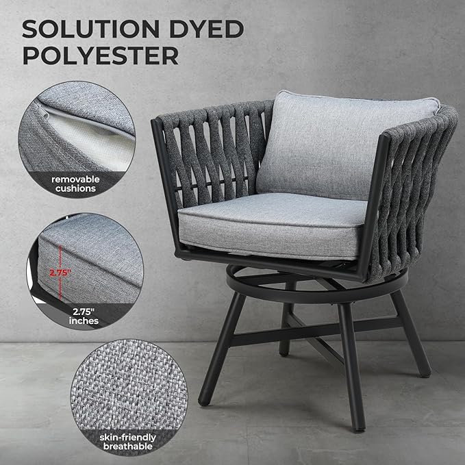 Grand patio 7-Piece Outdoor Dining Set for 6, Patio Dining Furniture Set for 6 Swivel Rope Wicker Chairs & 1 Expandable Rectangular Dining Table, Dark Gray