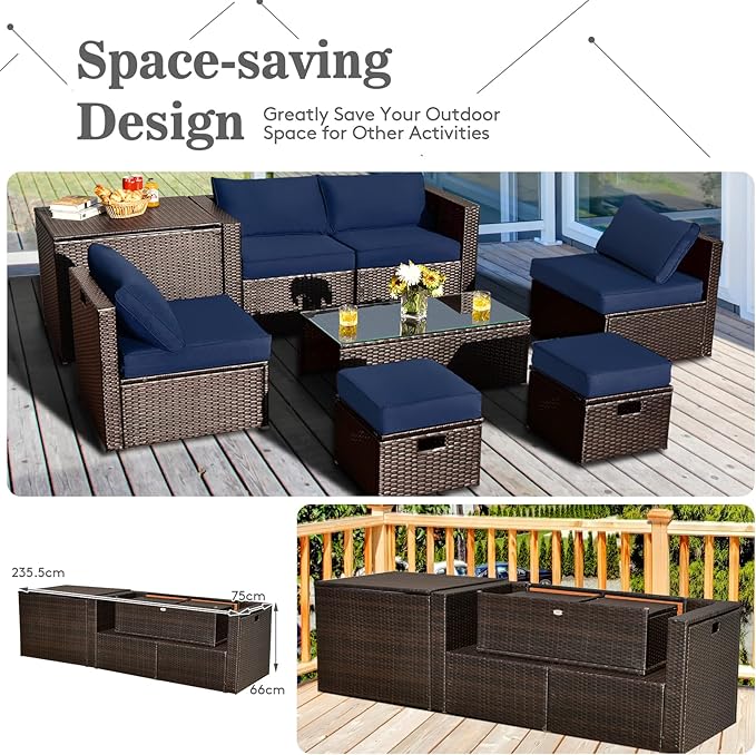 Tangkula 8-Piece Patio Wicker Furniture Set, Patiojoy Outdoor PE Rattan Conversation Set with Storage Box, Tempered Glass Table, 2 Ottomans, 2 Armless Sofas and 2 Corner Sofas, 2 Cushion Covers Set