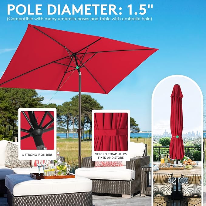 JEAREY 6.5x10ft Olefin Rectangular Patio Umbrella, Rectangle Outdoor Umbrellas with Auto Tilt Crank System, Market Table Umbrella UV Protection Fade-Resistant for Pool Deck Garden Yard, Red