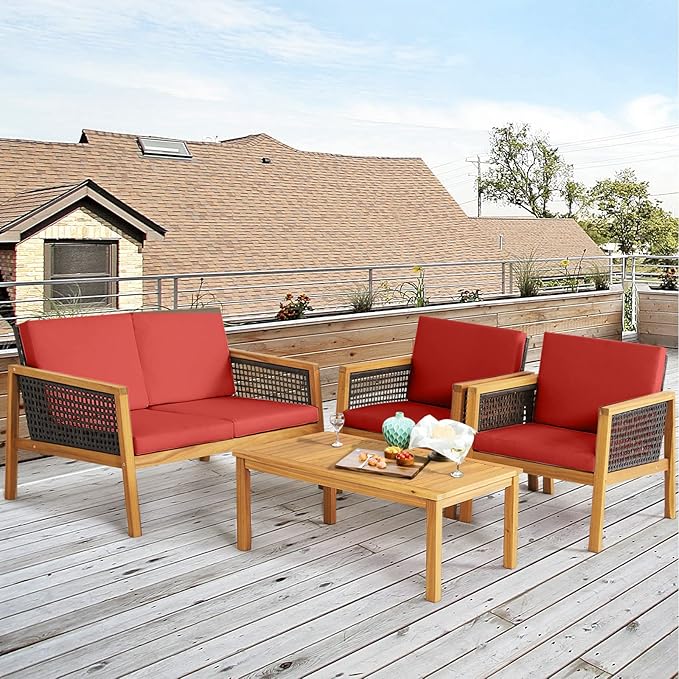 HAPPYGRILL 4 Pieces Patio Conversation Set Acacia Wood Furniture Set with Coffee Table, PE Rattan Wicker Sofa Set with Soft Cushions for Outdoor Garden Deck Poolside