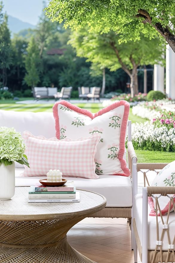 Hofdeco Premium Grandmillennial Patio Indoor Outdoor Throw Pillow Cover Only, 20"x20" Water Repellent for Backyard, Couch, Poolside, Blush Pink Green Print Hydrangea Flowers