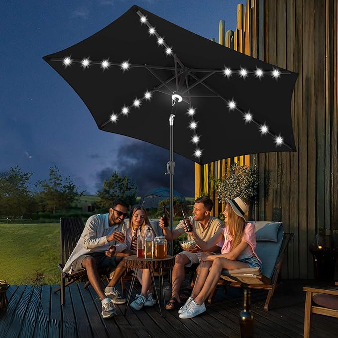 FLAME&SHADE 10ft Solar Outdoor Umbrella - 24 LED Lighted Patio Umbrella with Centre Surround Light, Table Umbrellas with Tilt & Crank for Pool, Porch, Garden, Deck, Backyard UV Protection (Black)