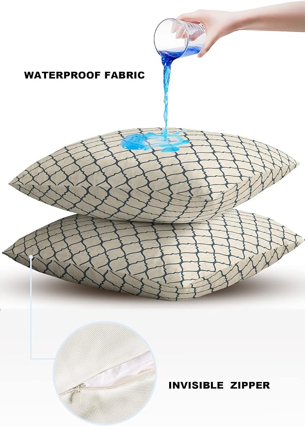 Dark Blue Moroccan Outdoor Pillow Shams Set of 2, Decorative Pillowcases Cushion Case, Soft Throw Pillow Covers Waterproof Pillow Case 26x26 Inch, Geometric Graphics Rustic Style