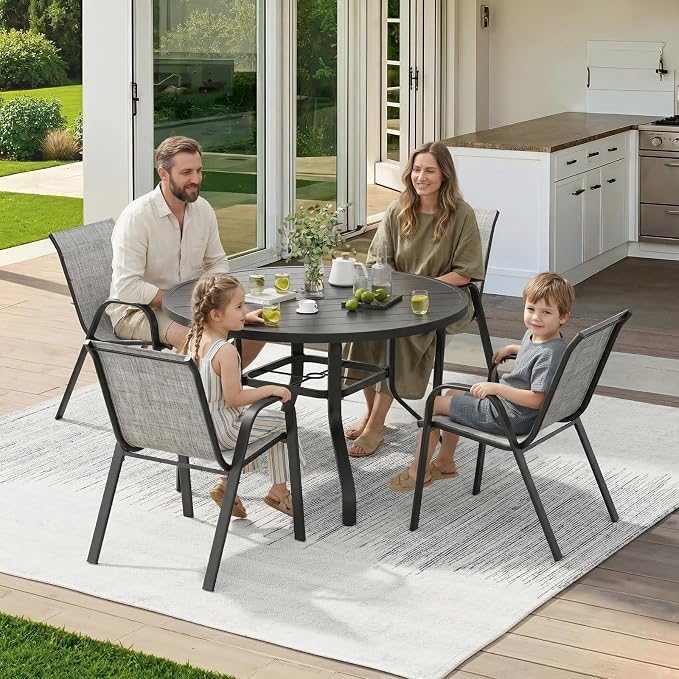 Soohow Outdoor Dining Set for 4, 5-piece Outdoor Patio Dining Set 4 x Stackable Patio Chairs & 1 x Round Table with Umbrella Hole,All-Weather Outside Table and Chairs for Backyard, Balcony, Porch