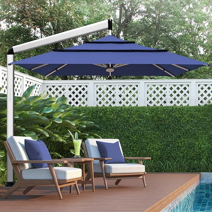 EliteShade USA Atlas 3-Tier 10x10FT Full Aluminum Cantilever Patio Umbrella for Outdoor Restaurant Garden Courtyard Deck Pool and Marketing with Light (No battery), Navy Blue
