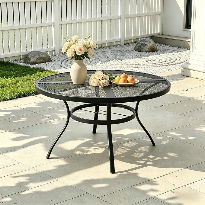 Round Metal Mesh Patio Dining Table for 4, 42" Black Electroplated Steel Outdoor Dining Furniture Table with Umbrella Hole, Rust-Resistant Patio Furniture for Backyard, Porch, Deck