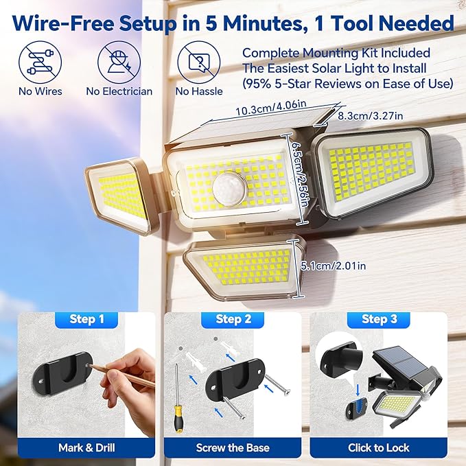 Solar Lights Outdoor, 3000LM Solar Powered Motion Sensor Light, IP65 Waterproof Security Flood Light with 3 Modes, 16-26FT Detection, 6.5-10FT Mounting Height for Wall, Garage, Yard (4 Pack)