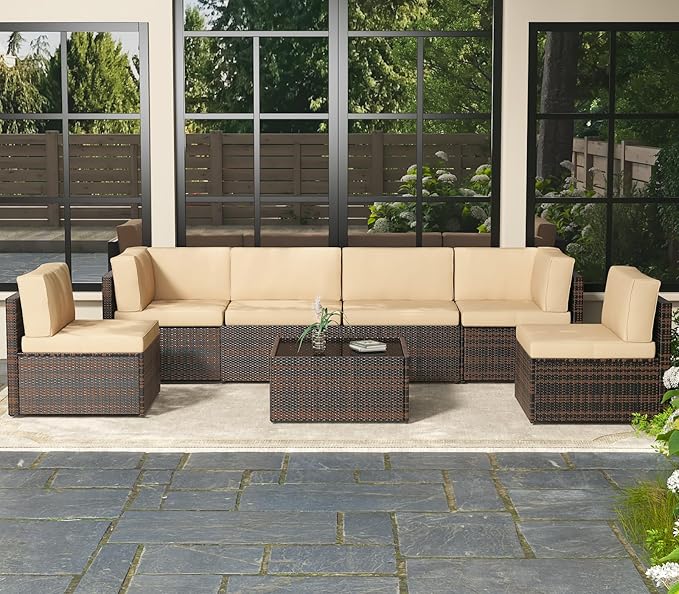 AECOJOY 7 Piece Outdoor Patio Furniture Set, Outdoor Sectional Conversation Furniture Chair with Coffee Table,Patio Sectional for Garden,Backyard(Khaki Cushions and Brown PE Rattan)