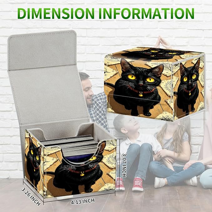 Card Deck Box for MTG, Cards Storage Box Fits 120+ Sleeved, Leather Small Size Strong Magnetic Closing Card Case for Board Games Magic TCG CCG Baseball Collection, Yellow Eyed Cat