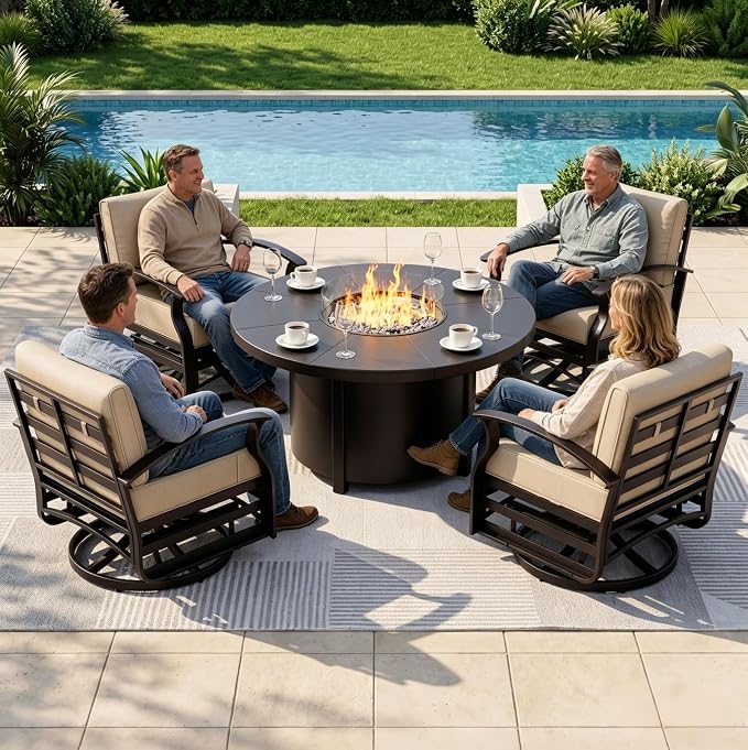 Aluminum Outdoor Patio Furniture Set,5 Pieces 4 Seats Patio Conversation Sets with 48" Round Propane Fire Pit Table,Metal Furniture Set with Thick Cushion,Sand