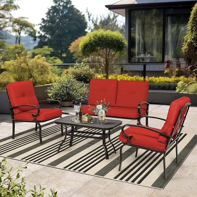 4-Piece Outdoor Metal Furniture Sets Patio Conversation Set Wrought Iron Loveseat, 2 Single Chairs, Coffee Table with Cushion, Lawn Front Porch Garden, Red