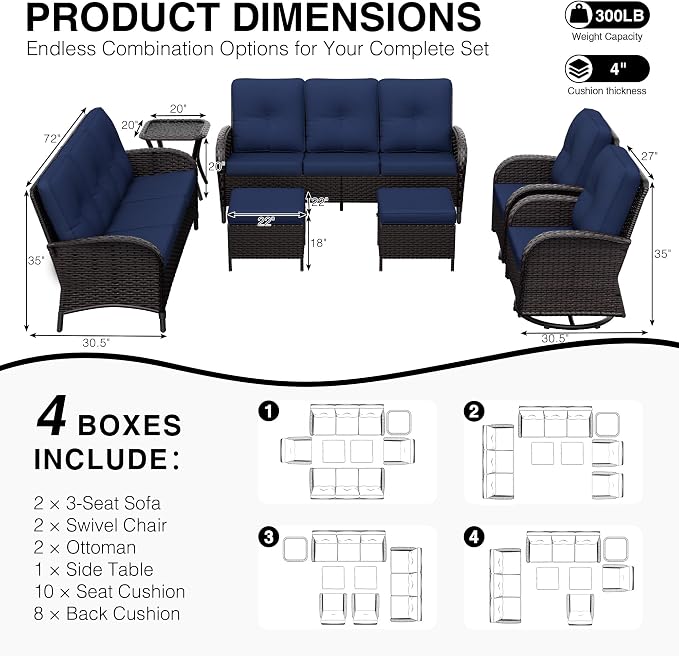 Joyside Wicker Patio Furniture Set, 7 Piece Outdoor Furniture Set with Thickened Cushions, High Back, Deep Seating, Wide Armrest, Outdoor Swivel Rocker Chairs for Porch, Deck