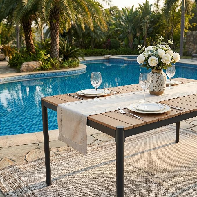SUNSITT 70’’ Metal Outdoor Patio Dining Table, Weather-Resistant Large Outdoor Rectangle Table/WPC Tabletop & Adjustable Feet for 6-8 Person Porch Deck Garden, Black
