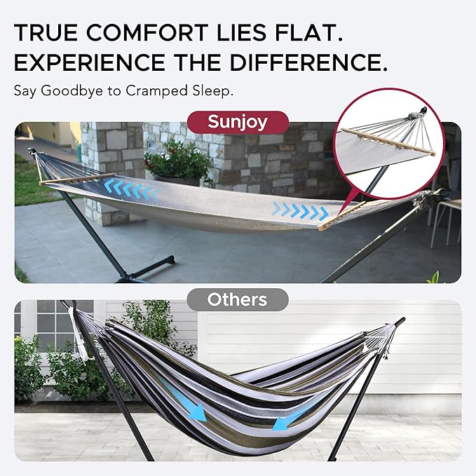 SUNJOY Portable Hammock with 10FT Heavy Duty Steel Stand and Spreader Bars - Ultra-Light 24.25 lbs - Portable Single Person Hammock with Stand for Outdoors, Outside, Backyard, Patio