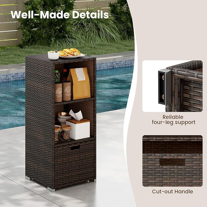Tangkula Rattan Outdoor Storage Cabinet, Patiojoy Outdoor Wicker Cabinet with 3 Shelves, 1 Removable Drawer, Patio Storage Deck Box for Backyard Poolside Porch
