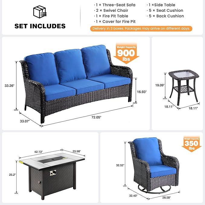 ovios 5-Piece Patio Furniture Set with Swivel Chairs Coffee Table, Outdoor Wicker Sofa with 42" Fire Pit Table, High Back Couch Modern Conversation Sets, Brown/Navy Blue