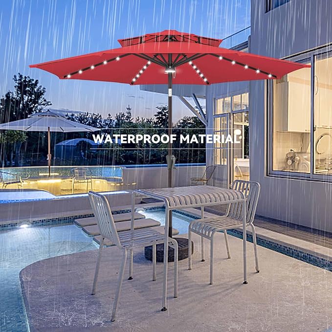 Jarka&Co 9ft Solar Patio Umbrella - 2 Tiers Solar Outdoor Umbrella with 40 LED Lights Waterprool UV Protection, Market Table Umbrella with Tilt for Backyard, Garden, Pool, Porch (Red)