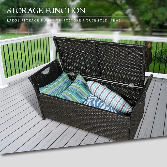 40 Gallon Outdoor Storage Bench Rattan Deck Box Patio Steel Frame Wicker Storage Container with Cushion, Red NPT-900004