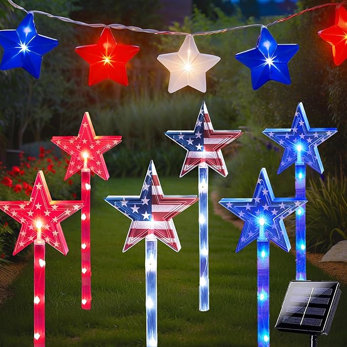 4th of July Decorations Outdoor Red White and Blue Pathway Lights, 6 Pack Flag Star Stake Lights for Independence Day Memorial Day Patriotic American Flag Decor Outside Landscape Garden Yard Lawn