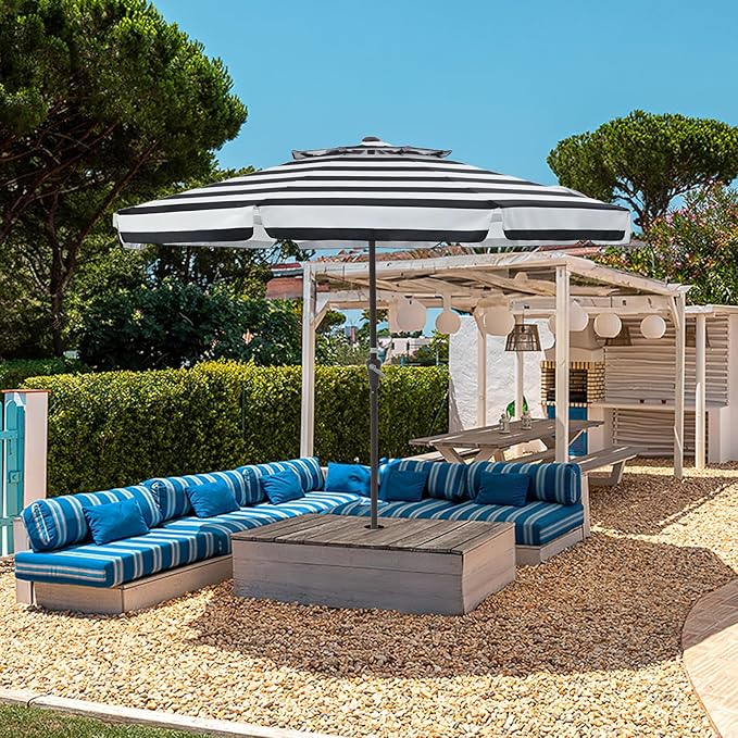 JEAREY 9' 2-Tiers Patio Umbrellas Outdoor Market Table Umbrella w/Push Button Tilt/Crank, 8 Sturdy Ribs, UV Protection Waterproof Sunproof(Black Stripe)
