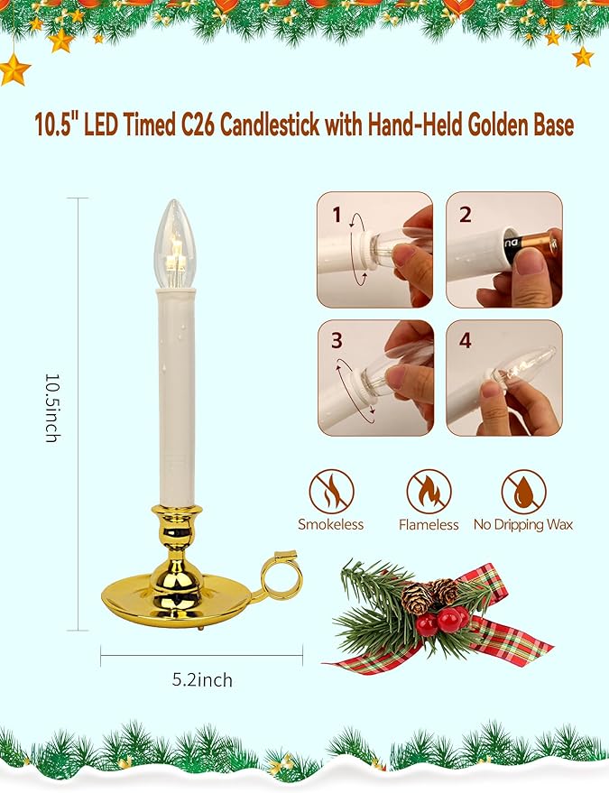 Set of 4 Decorated Christmas Window Candles, Gold Handle Base & Festive Berries for Holiday Home Décor (Batteries Not Included，Features a Built-in Automatic Timer)