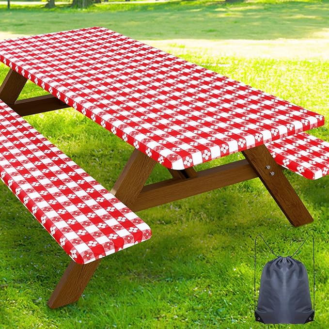 Smiry Picnic Table Cover with Bench Covers, Waterproof Elastic Fitted Tablecloth for 6 Foot Tables, Washable Polyester Tablecloths for Camping, Indoor & Outdoor (Red & White, 30x72 Inch 3-pc Set)