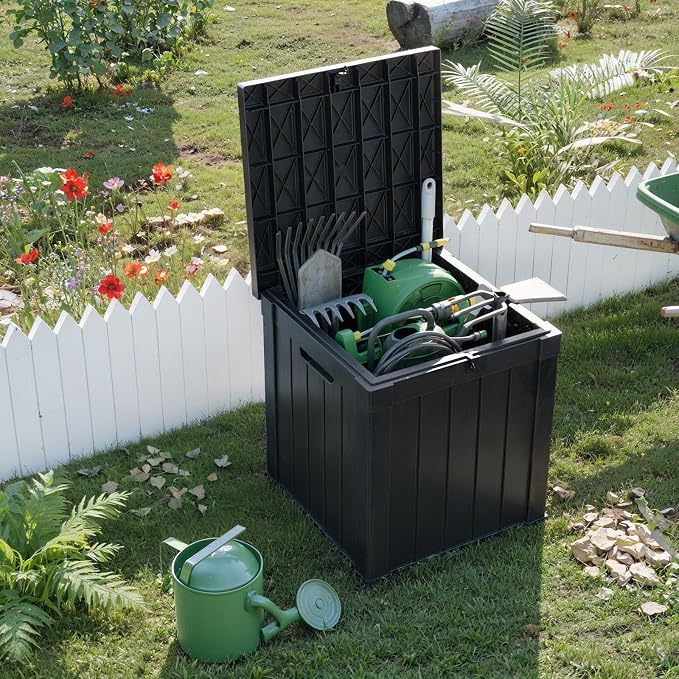 PatioZen 50 Gallon Deck Box,Resin Outdoor Storage Box with Lockable for Patio Furniture, Pool Accessories, Garden Tools, Waterproof Outside Storage Box, Black