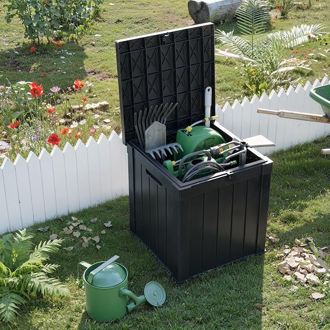 PatioZen 52 Gallon Deck Box Outdoor, Weatherproof Resin Patio Storage Box, Waterproof Outdoor Storage Boxes with Lid Lockable for Cushions, Garden Tools,Black