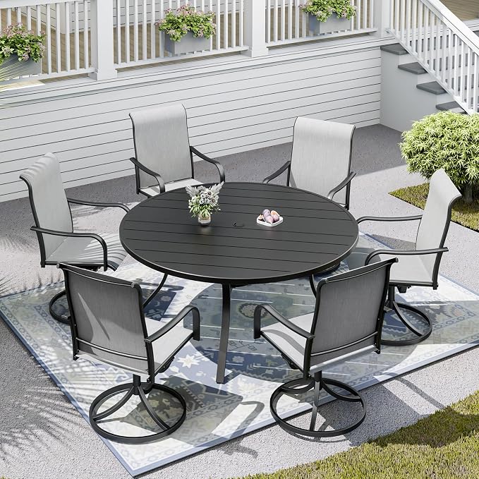 Patio Table and Chairs Set for 6 Person,54" Round Steel Slat Outdoor Table with 6 Breathable Textilene Swivel Chairs for Deck/Backyard/Poolside/Garden