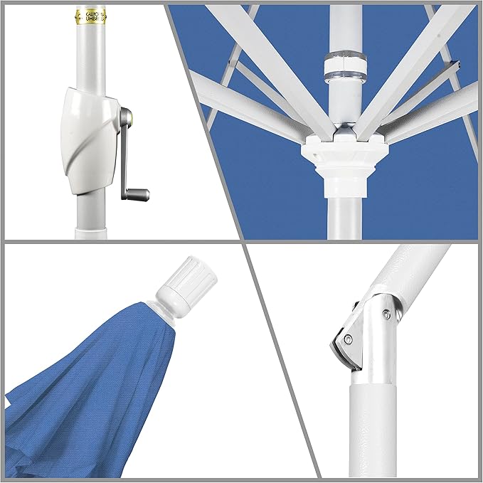 California Umbrella 7.5' Round Aluminum Market Umbrella, Crank Lift, Push Button Tilt, White Pole, Frost Blue Olefin